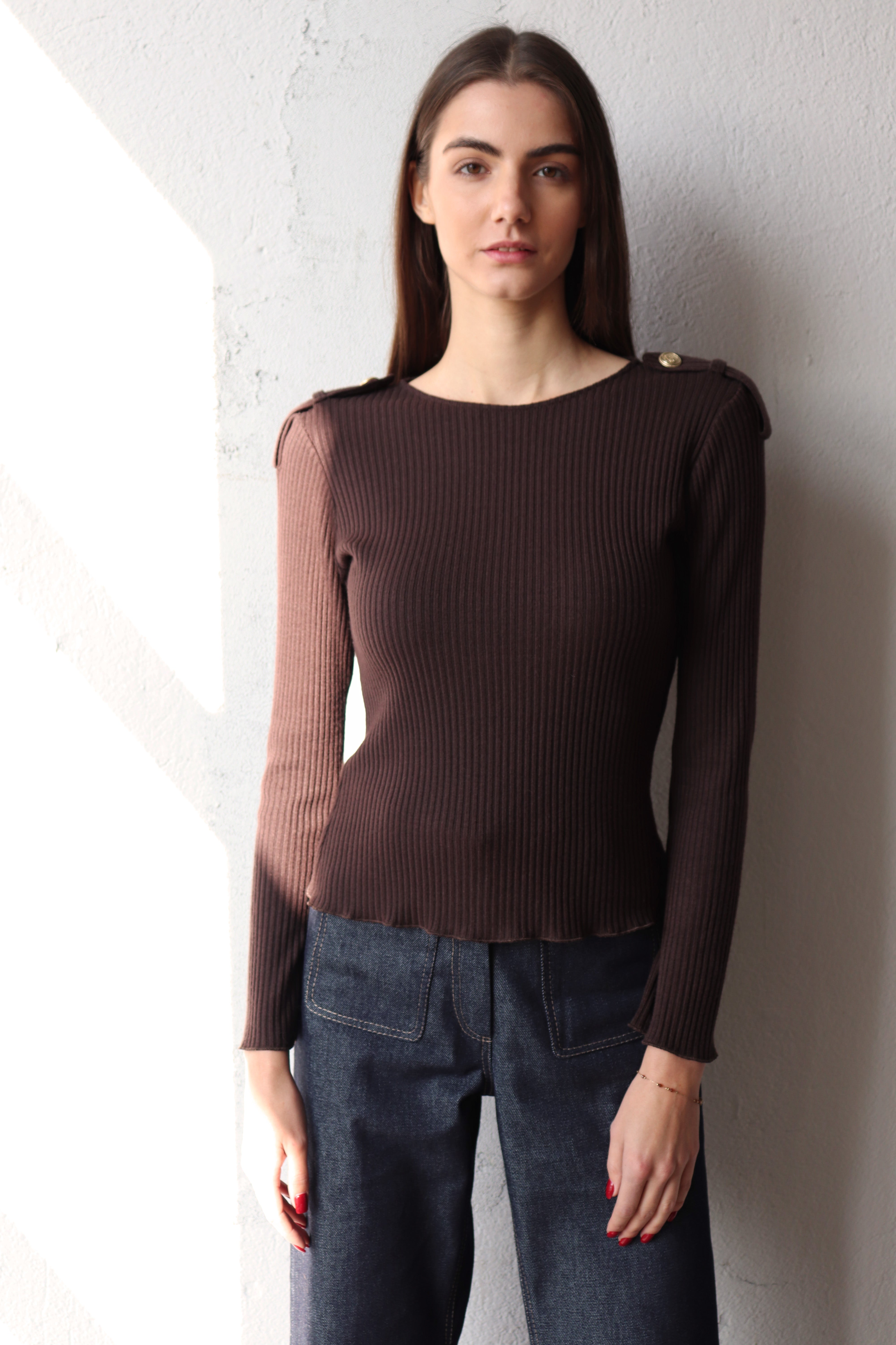 КАФЯВА РИПСЕНА БЛУЗА С ПАГОНИ