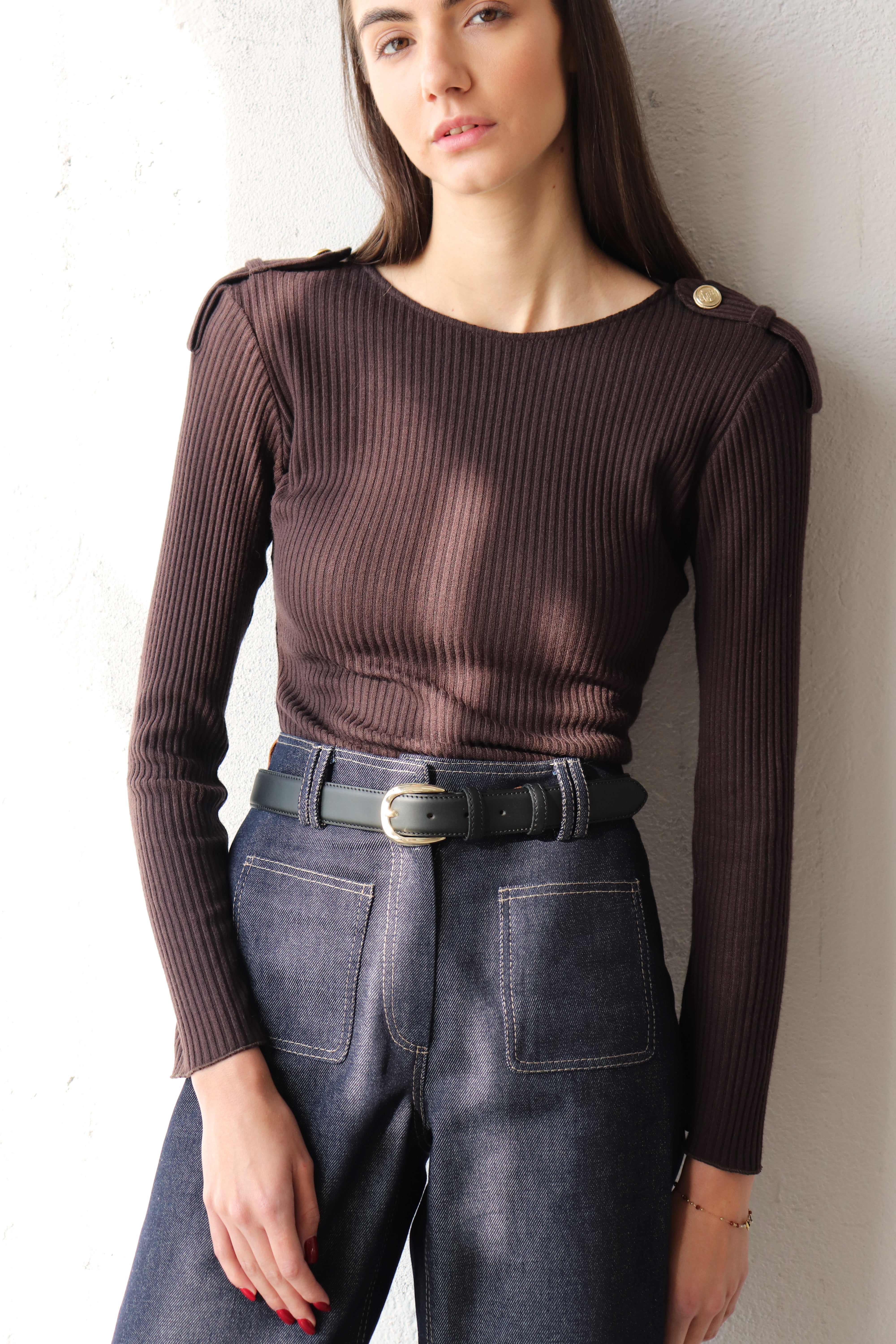 КАФЯВА РИПСЕНА БЛУЗА С ПАГОНИ