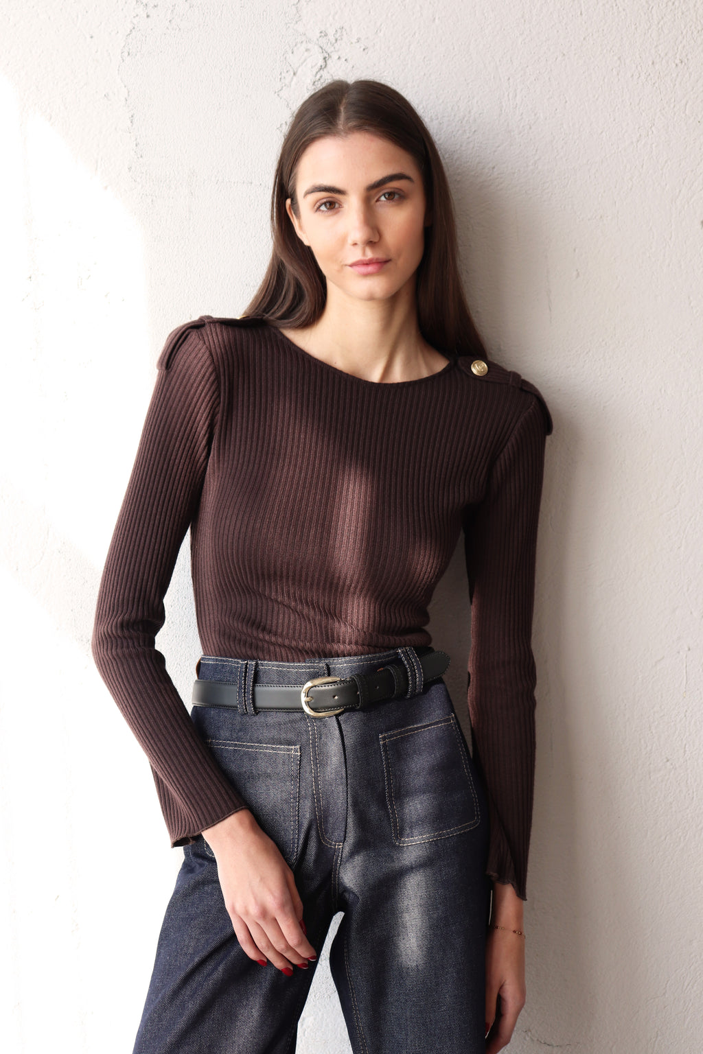 КАФЯВА РИПСЕНА БЛУЗА С ПАГОНИ