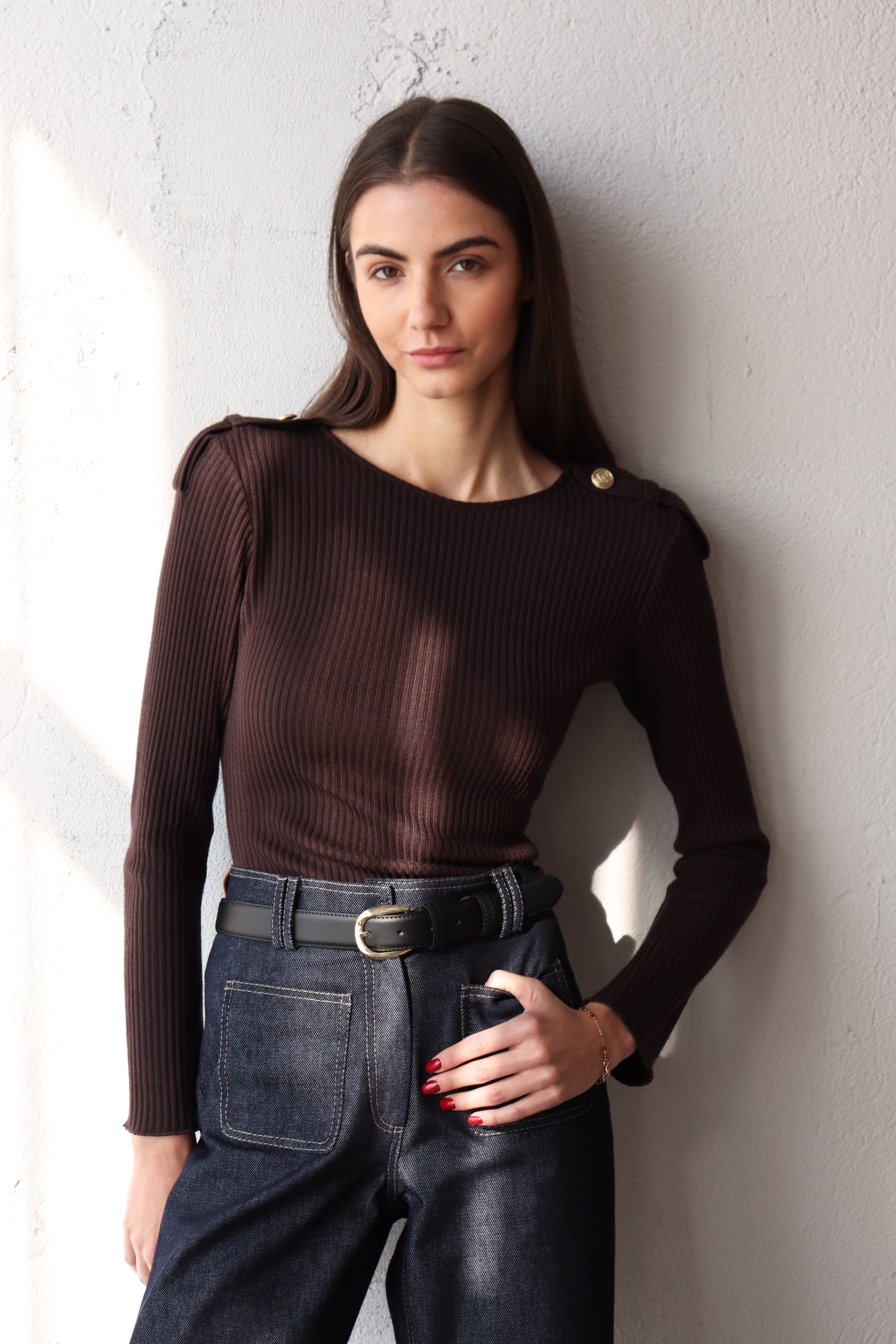 КАФЯВА РИПСЕНА БЛУЗА С ПАГОНИ